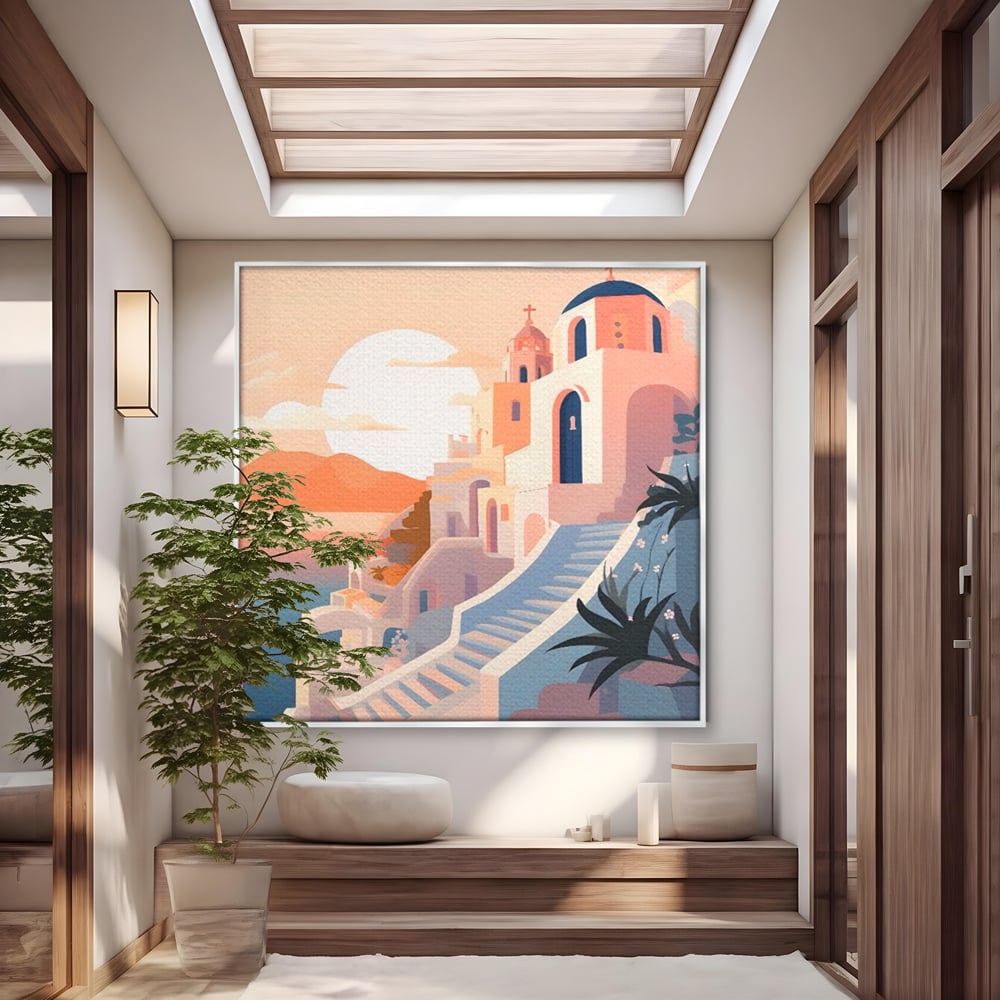 Tablou canvas cu ilustratie digitala cu biserica greceasca la apus, in rama de aluminiu argintiu